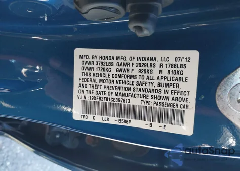 2012 Honda Civic Ex из США, поврежденный, VIN 19XFB2F81CE367613